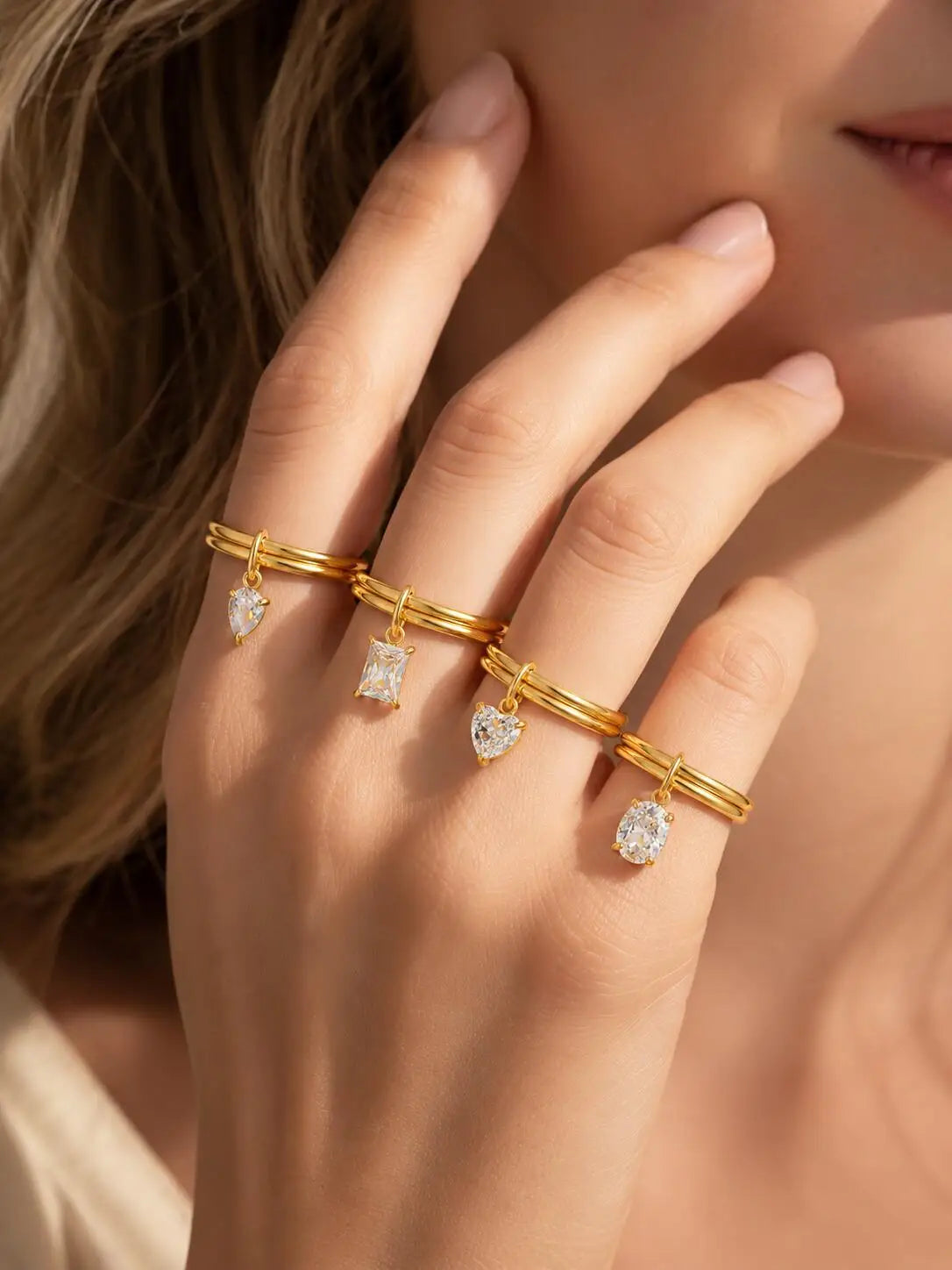 18K Gold Plated CZ Dainty Drop Stackable Ring – Waterproof Stackable Gold Ring SPOT