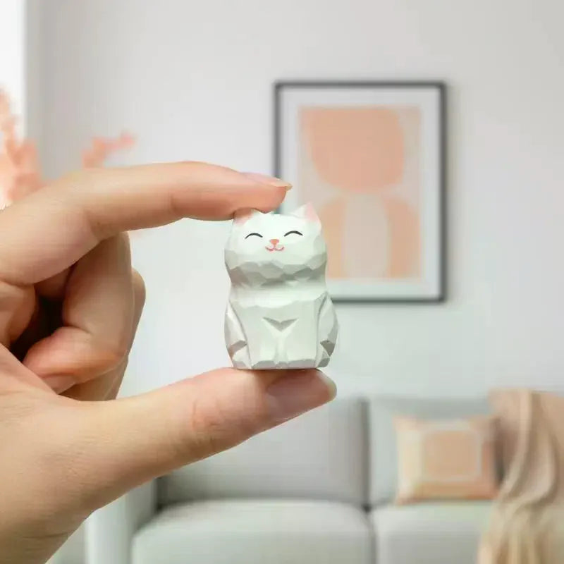 Handmade White Cat Figurine – Wooden Carved Home Décor Statue Decorative Figurine SPOT