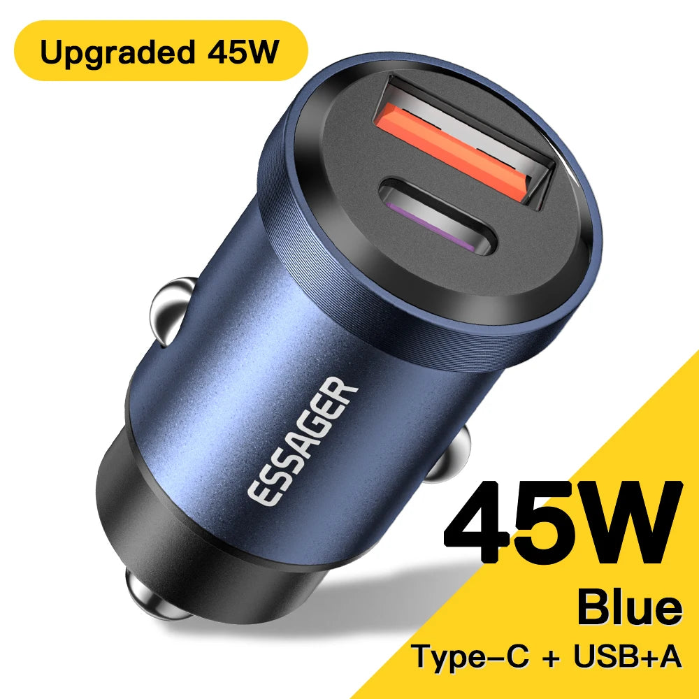 Essager 45W Car Charger QC4.0 PD3.0 Dual USB Fast Charging USB Car Charger SPOT Blue 45W A To C