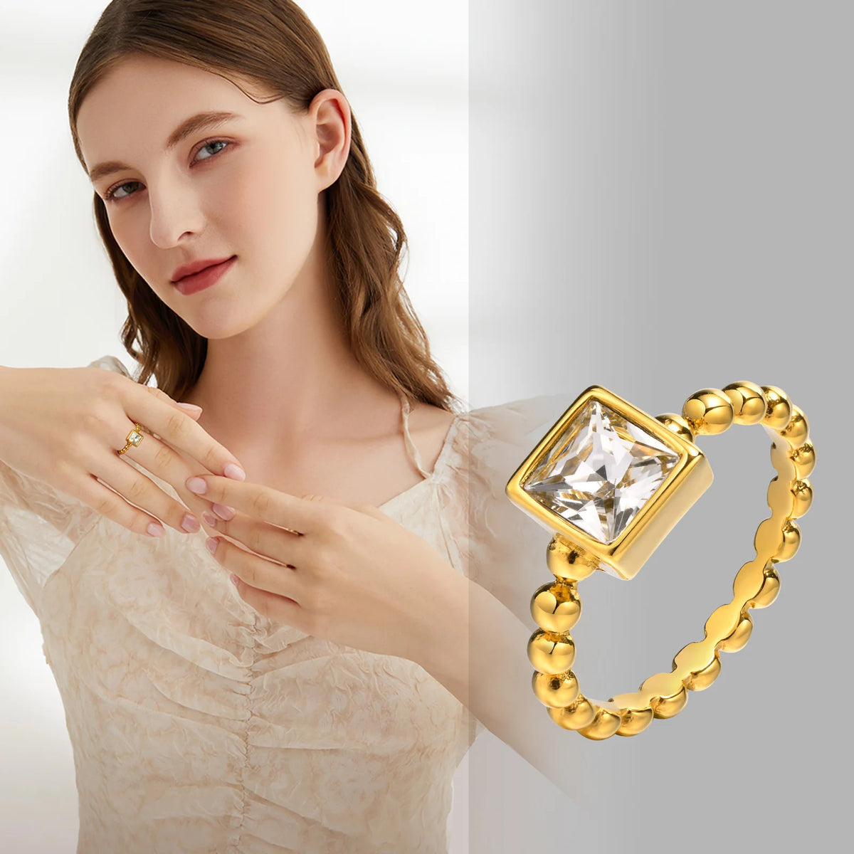 Bezel Set CZ Beaded Chain Ring – 18K Gold Stainless Steel Fashion Ring SPOT