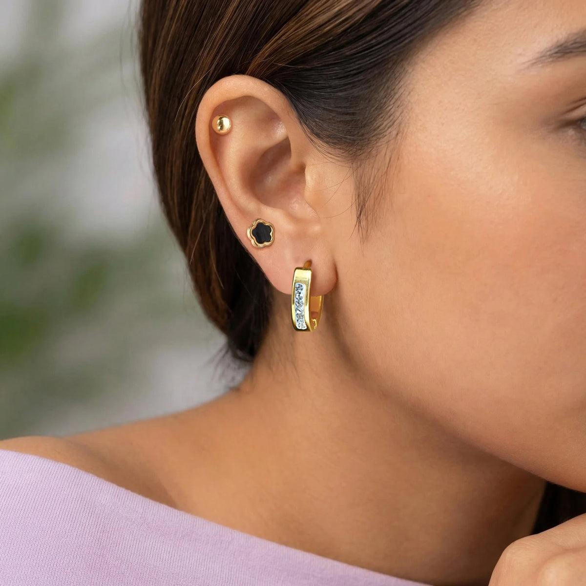 Gold Plated Black Flower Stud & CZ Hoop Earrings Set for Women Earrings Set SPOT