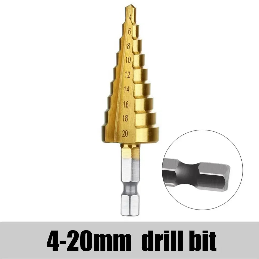 HSS Titanium Step Drill Bit Set – 3-12mm, 4-12mm, 4-20mm Step Drill Bit Set SPOT 4-20mm Hexagon