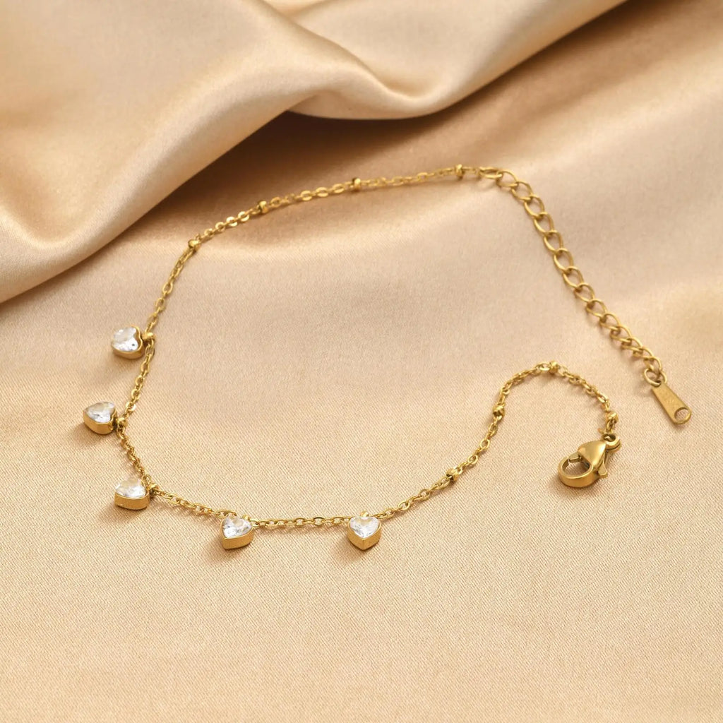 Gold Plated Heart CZ Anklet – Waterproof Satellite Chain Anklet Bracelet SPOT