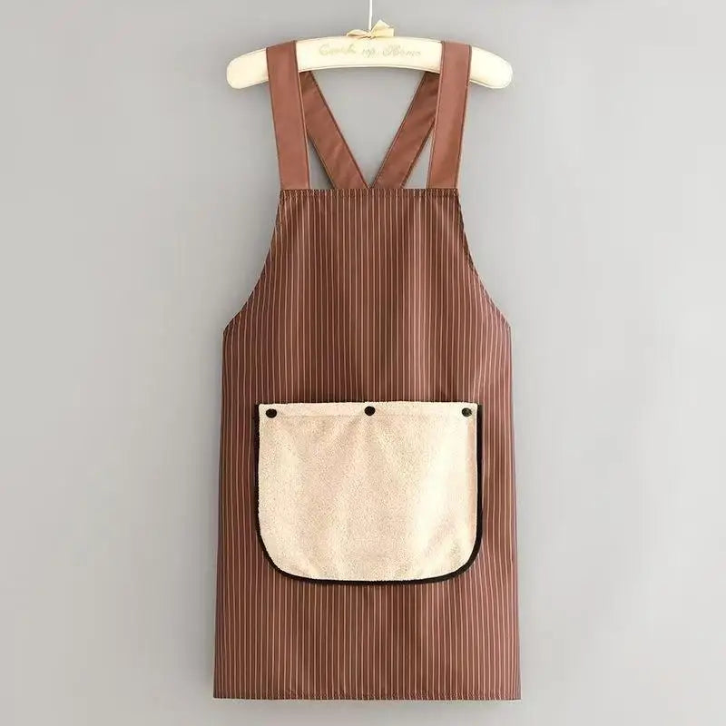 Striped Waterproof Chef Apron with Hand-Wipe Pocket | Unisex Kitchen Apron SPOT Brown