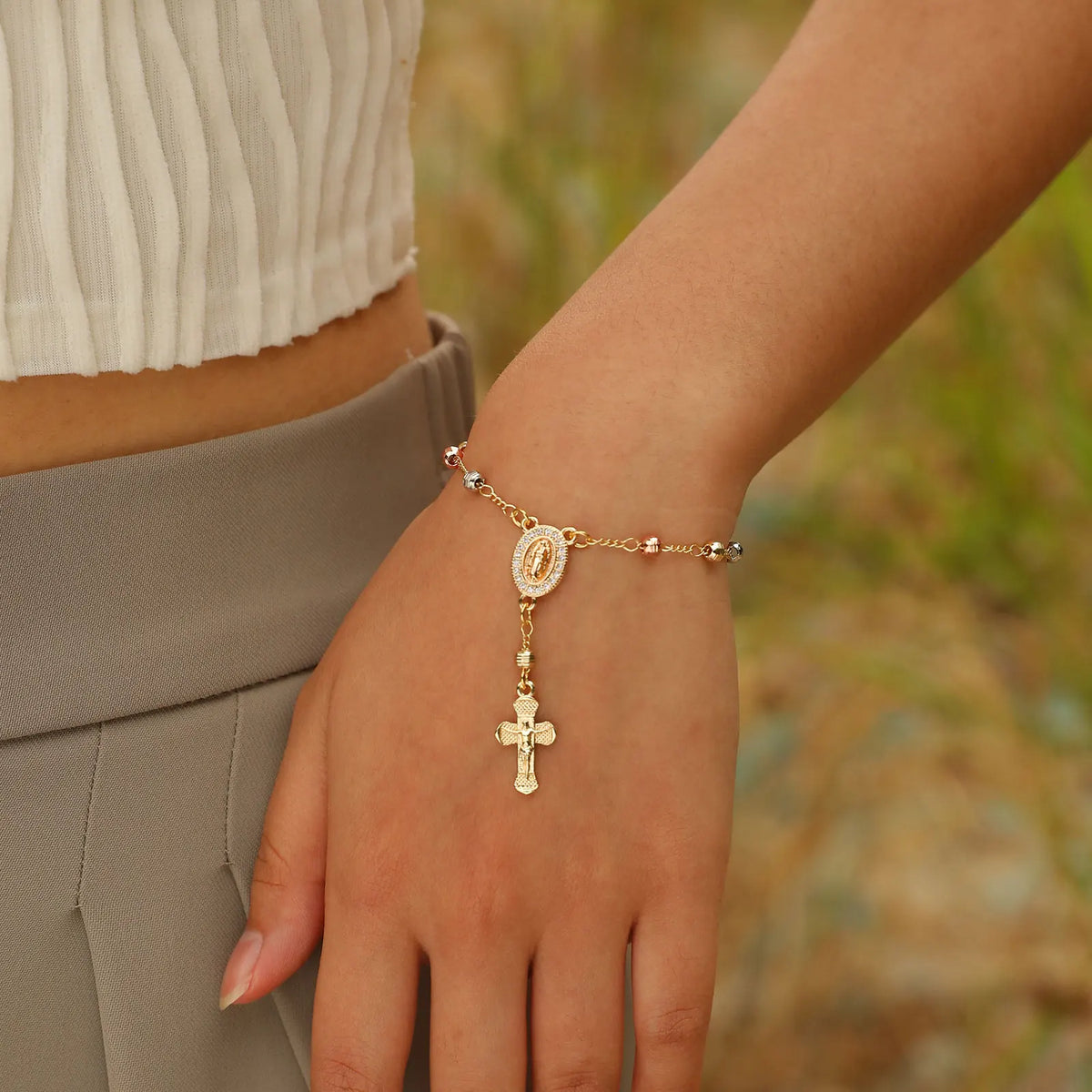 Virgin Mary Rosary Bead Cross Bracelet – Tri-Color Adjustable Religious Bracelet SPOT