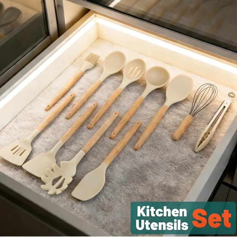 14-Piece Silicone Kitchen Utensil Set with Wooden Handles Kitchen Utensil Set SPOT