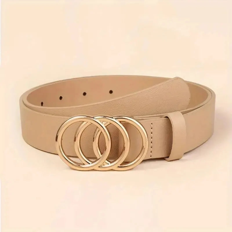 Women's PU Leather Belt – Triple Round Buckle for Jeans & Dresses Women's Fashion Belt SPOT Beige White 105CM