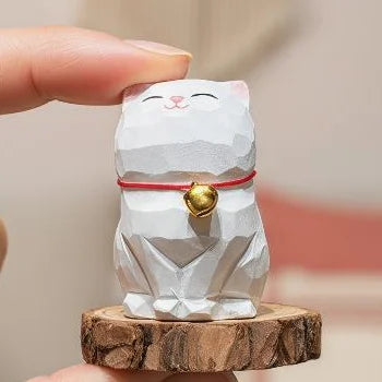 Hand Carved Wooden White Cat Figurine | Lucky Desktop Ornament Wood Cat Figurine SPOT