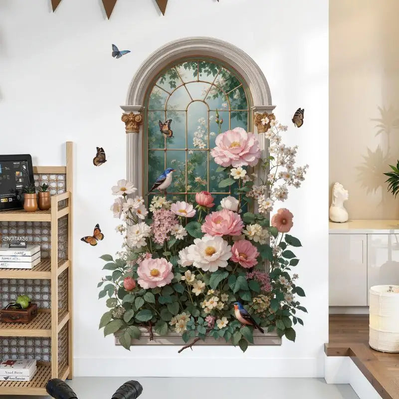 Arched Window Floral Wall Sticker – Butterfly & Bird Decal Wall Decal Sticker SPOT