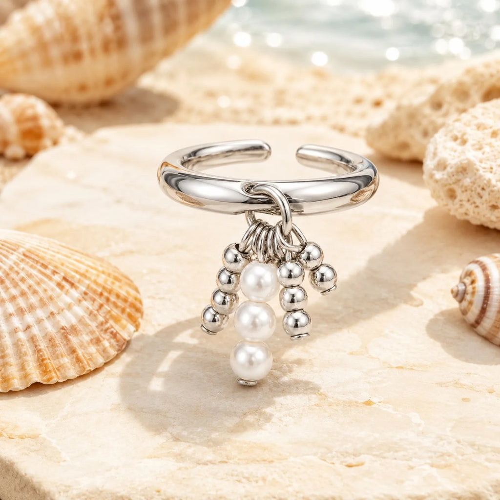 Pearl Bead Dangling Open Ring – Silver Statement Ring for Women Fashion Ring SPOT