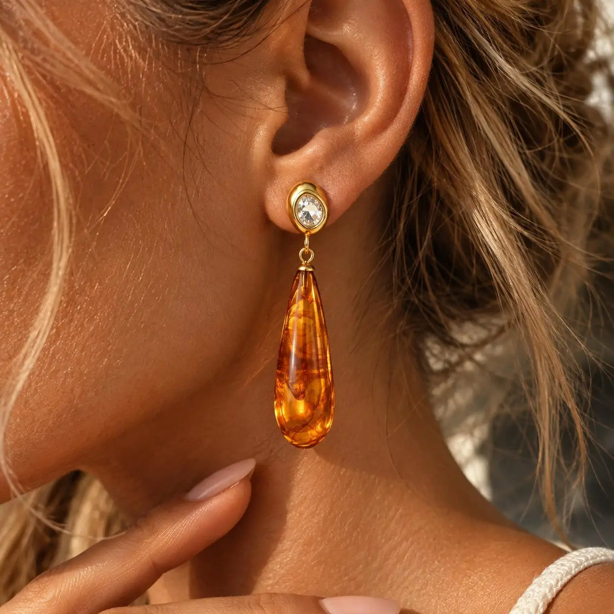 Amber Resin Teardrop Earrings – 18K Gold Plated Dangle Drop Dangle Earrings SPOT