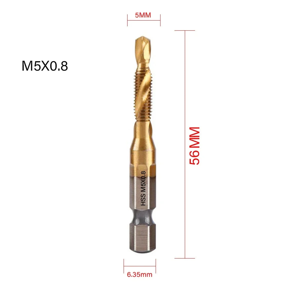 6-Pc Metric Titanium Drill Tap Bit Set M3–M10 | 1/4" Hex Shank Drill Tap Bit Set SPOT M5X0.8 Golden