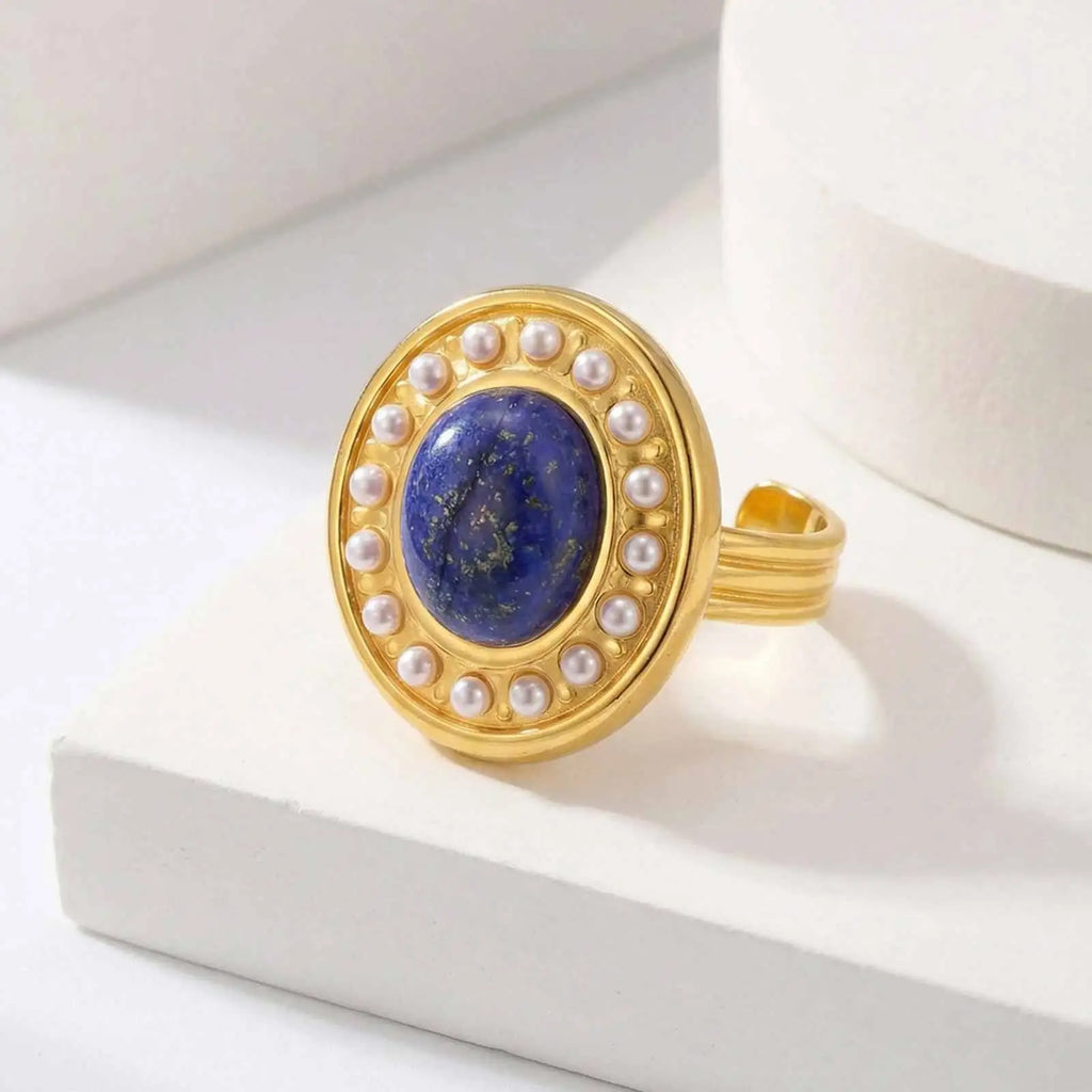 Vintage Lapis Lazuli Oval Ring – 18K Gold Open Band Cocktail Statement Ring SPOT