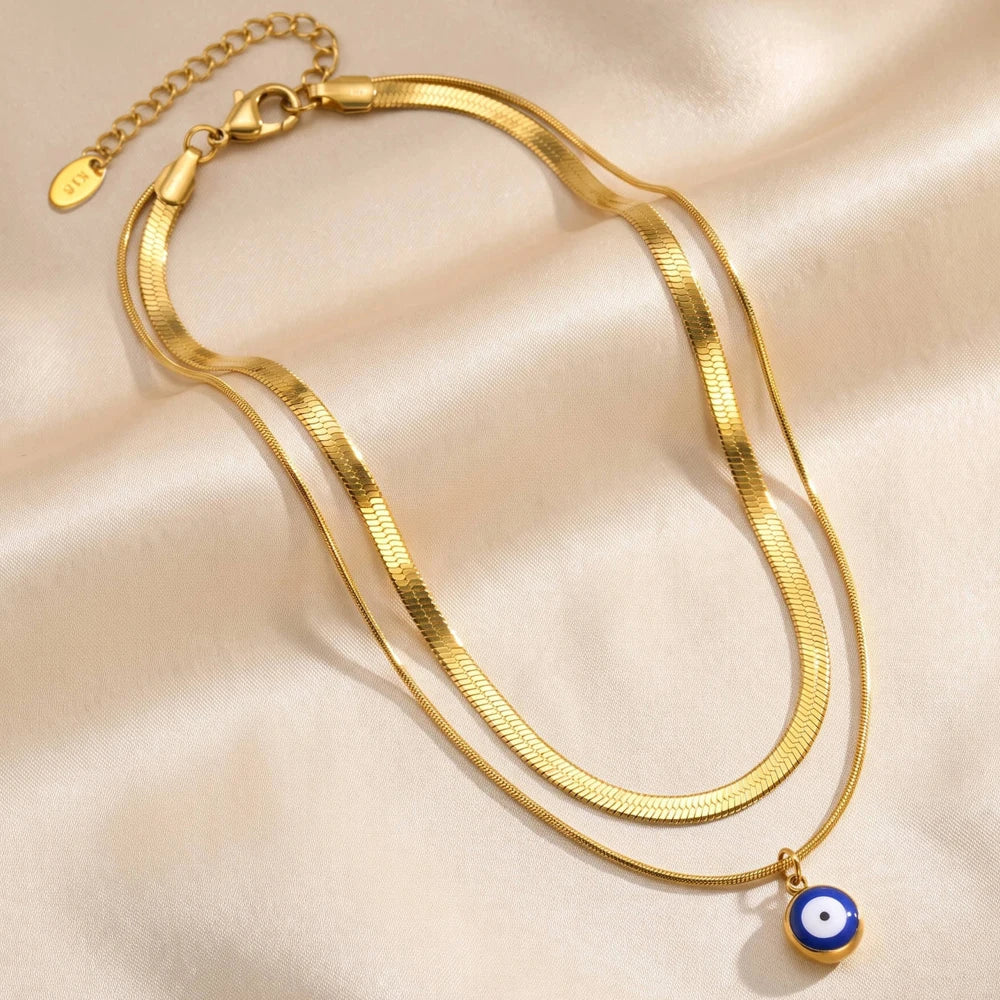 Double Layer Evil Eye Necklace – 18K Gold Stainless Steel Pendant Necklace SPOT Default Title