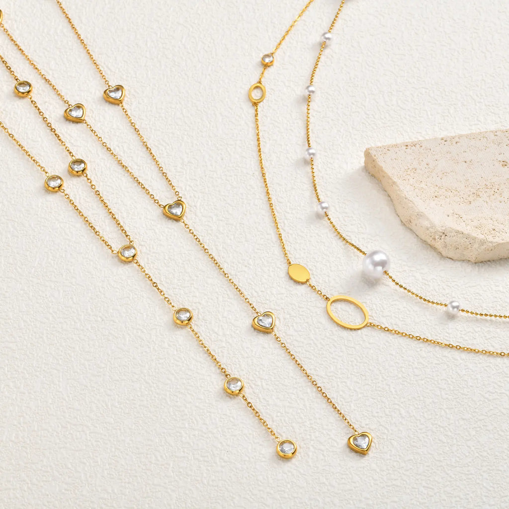 Women's Heart Zirconia Lariat Necklace | Gold Plated Steel Pendant Necklace SPOT