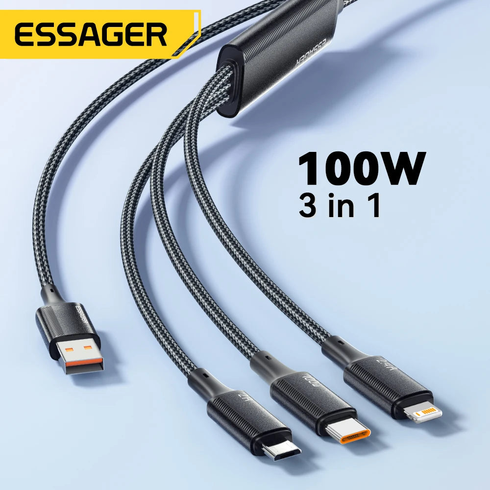 Essager 3-in-1 USB-C 100W Fast Charging Cable – 1.2m USB Charging Cable SPOT Black 1.2m
