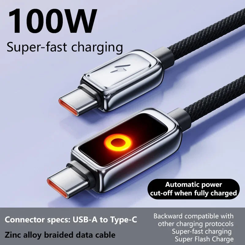 100W USB-C Fast Charging Cable with Breathing Light & Auto Off USB-C Charging Cable SPOT 100W C-C 2m