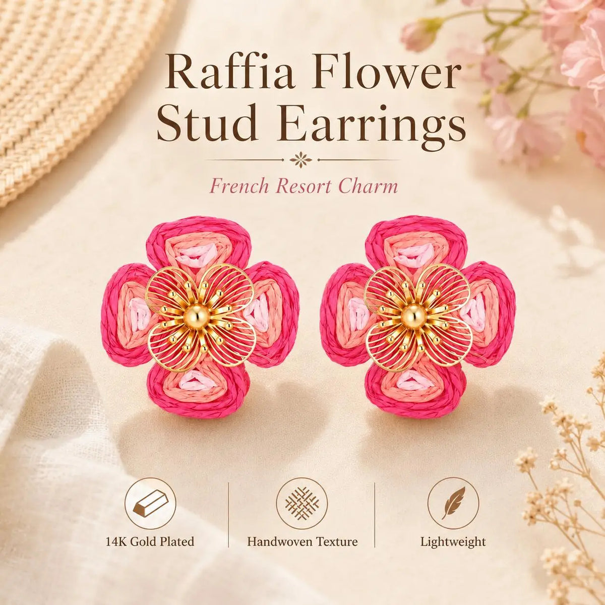 Boho Raffia Flower Stud Earrings – 14K Gold Plated Floral Stud Earrings SPOT