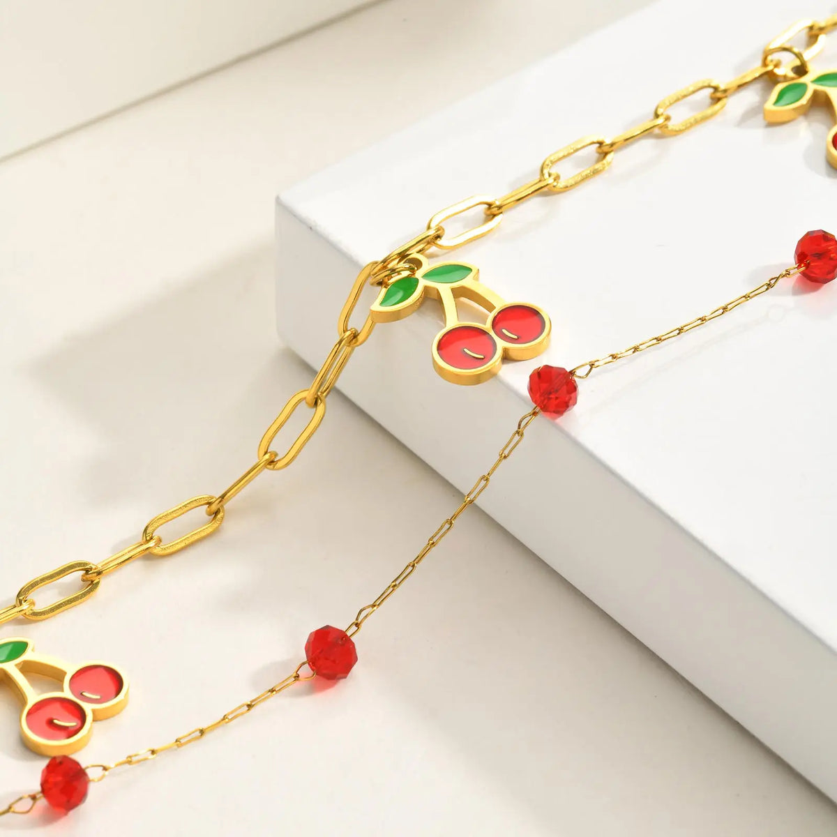 18K Gold Cherry Charm Bracelet – Y2K Crystal Bead Double Layer Charm Bracelet SPOT
