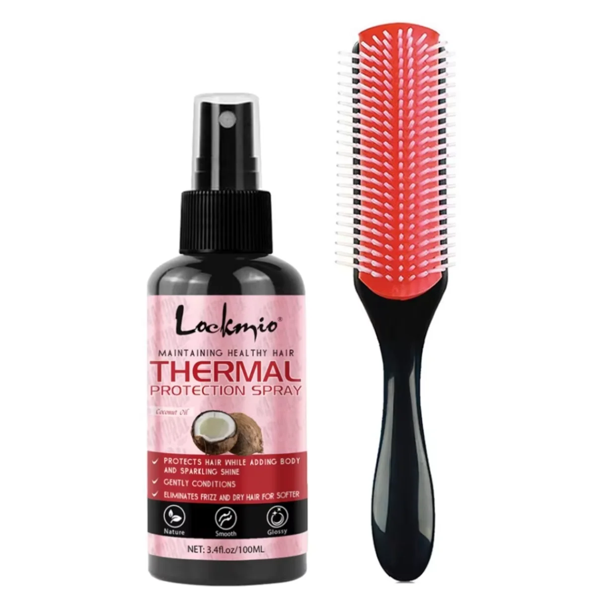 LOCKMIO Heat Protect Spray – Anti-Frizz Coconut Oil Conditioner Heat Protect Spray SPOT 100ml-9row-brush