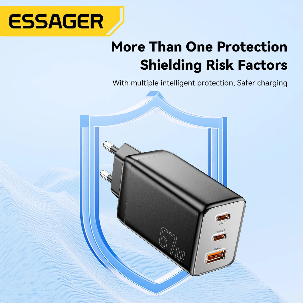 Essager GaN 67W 3-Port USB-C Wall Charger PD 3.0 QC 4.0 GaN Wall Charger SPOT