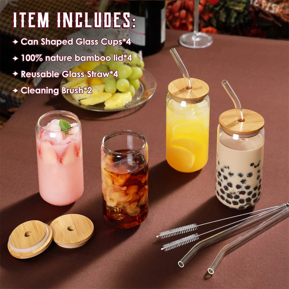 Borosilicate Glass Cups with Lid & Straw – Set of 1/4/6 Glass Drinkware Set SPOT