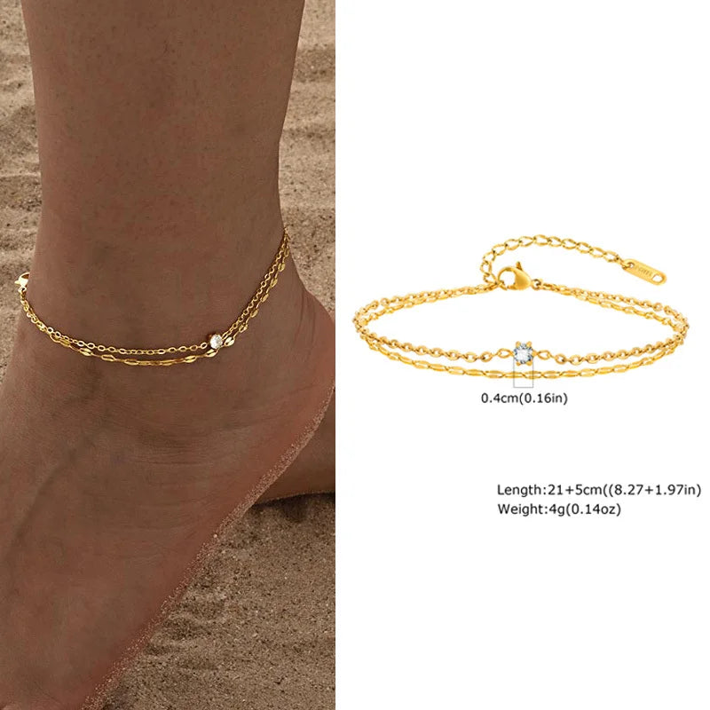 Waterproof Layered Gold Anklet – Adjustable Zirconia Foot Chain Anklet Bracelet SPOT Foot Anklet-JC-192G