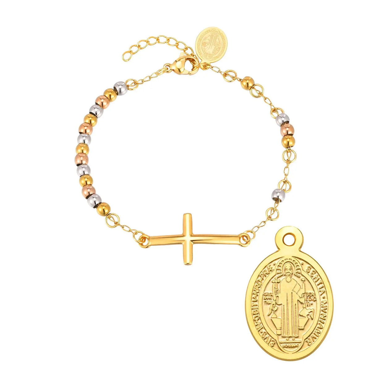 Virgin Mary Cross Bracelet – Triple Tone Rosary Bead for Women Religious Bracelet SPOT BR-2582G01