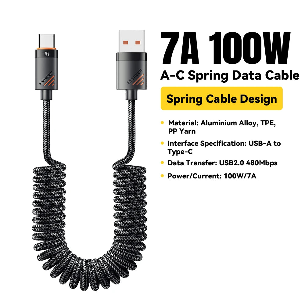Essager Spring USB-C Cable 100W PD Fast Charging – iPhone & MacBook USB-C Charging Cable SPOT 7A 100W A To C Black 1.2m
