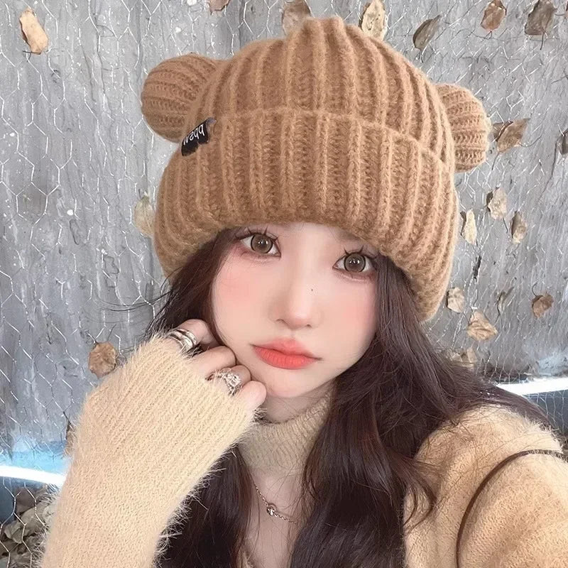 Y2K Bear Ears Knitted Beanie – Cute Soft Plush Winter Hat Knitted Beanie Hat SPOT