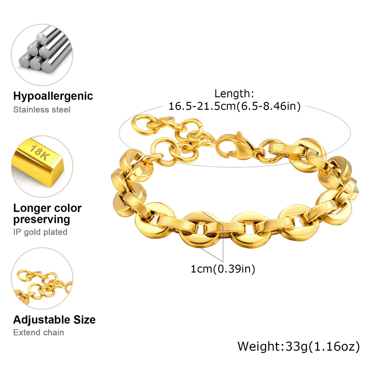 Gold Link Chain Bracelet for Women – Adjustable Stainless Steel Chain Link Bracelet SPOT