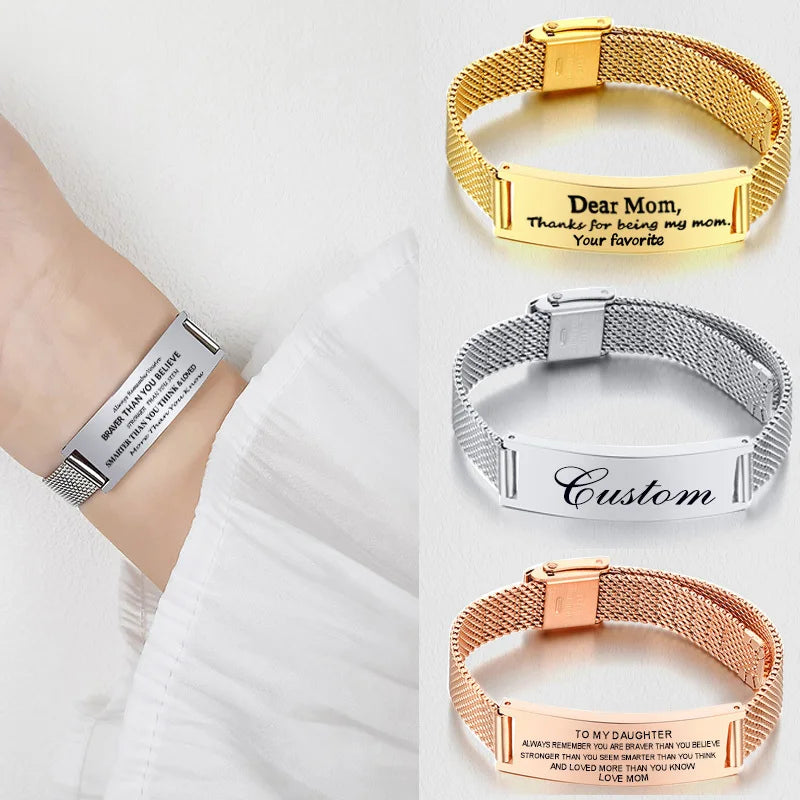 Personalized Engraved Mesh Bracelet – Women's Stainless Steel Custom Engraved Bracelet SPOT
