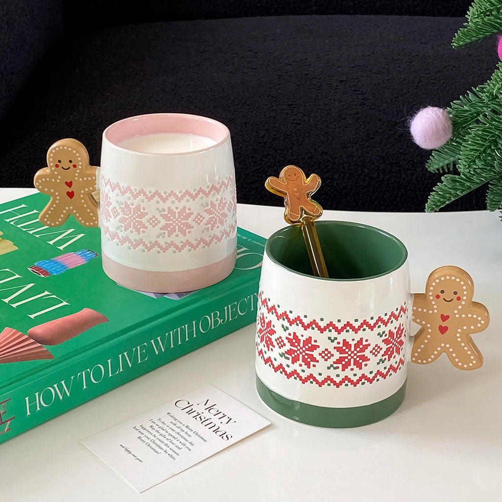 Gingerbread Man Ceramic Christmas Mug – Snowflake Texture Ceramic Coffee Mug SPOT