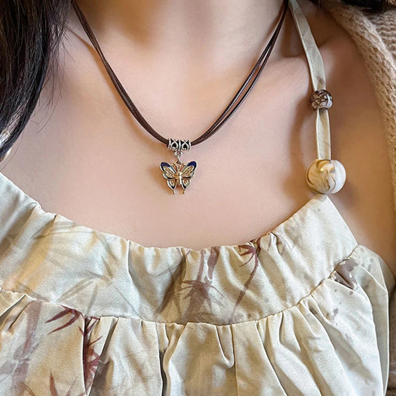 Chinese Retro Braided Rope Choker Necklace – Moon Butterfly Pendant Choker Necklace SPOT A1