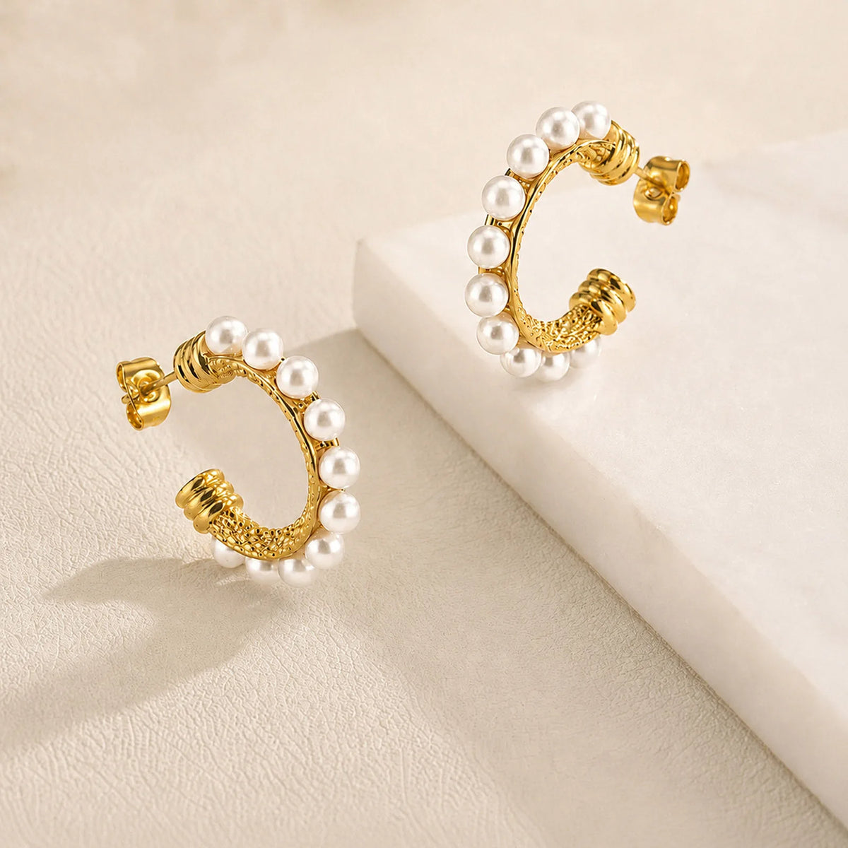 French Vintage Pearl Hoop Earrings – Gold Plated C-Shape Pearl Hoop Earrings SPOT