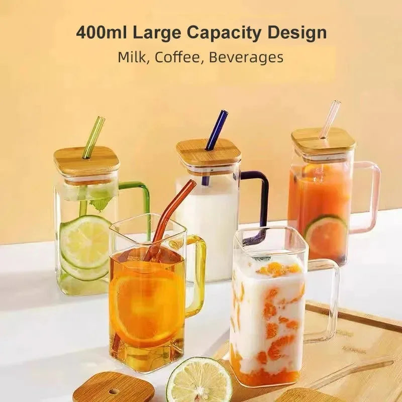 400ml Square Glass Mug with Lid & Straw – Microwave Safe Glass Mug SPOT
