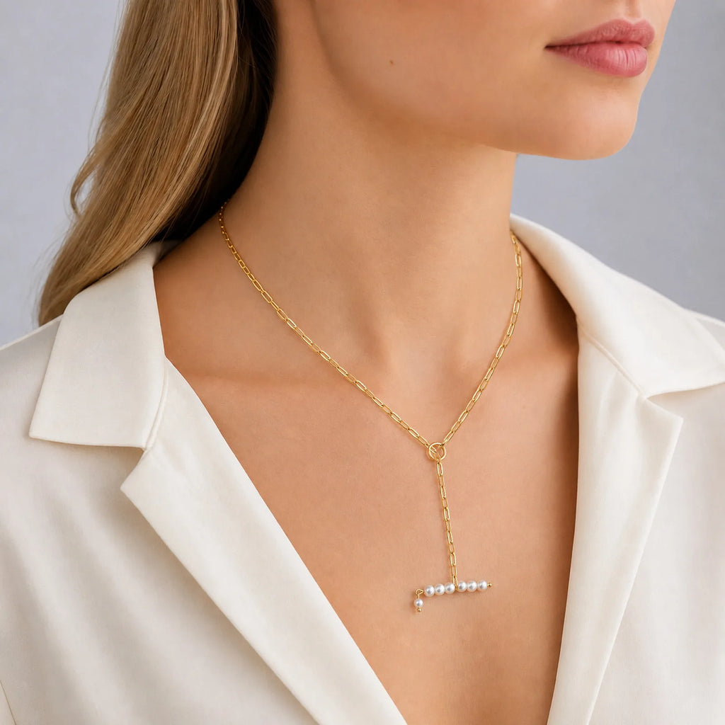 Y-Shape Pearl Necklace | 18K Gold Plated Stainless Steel Drop Pearl Drop Necklace SPOT