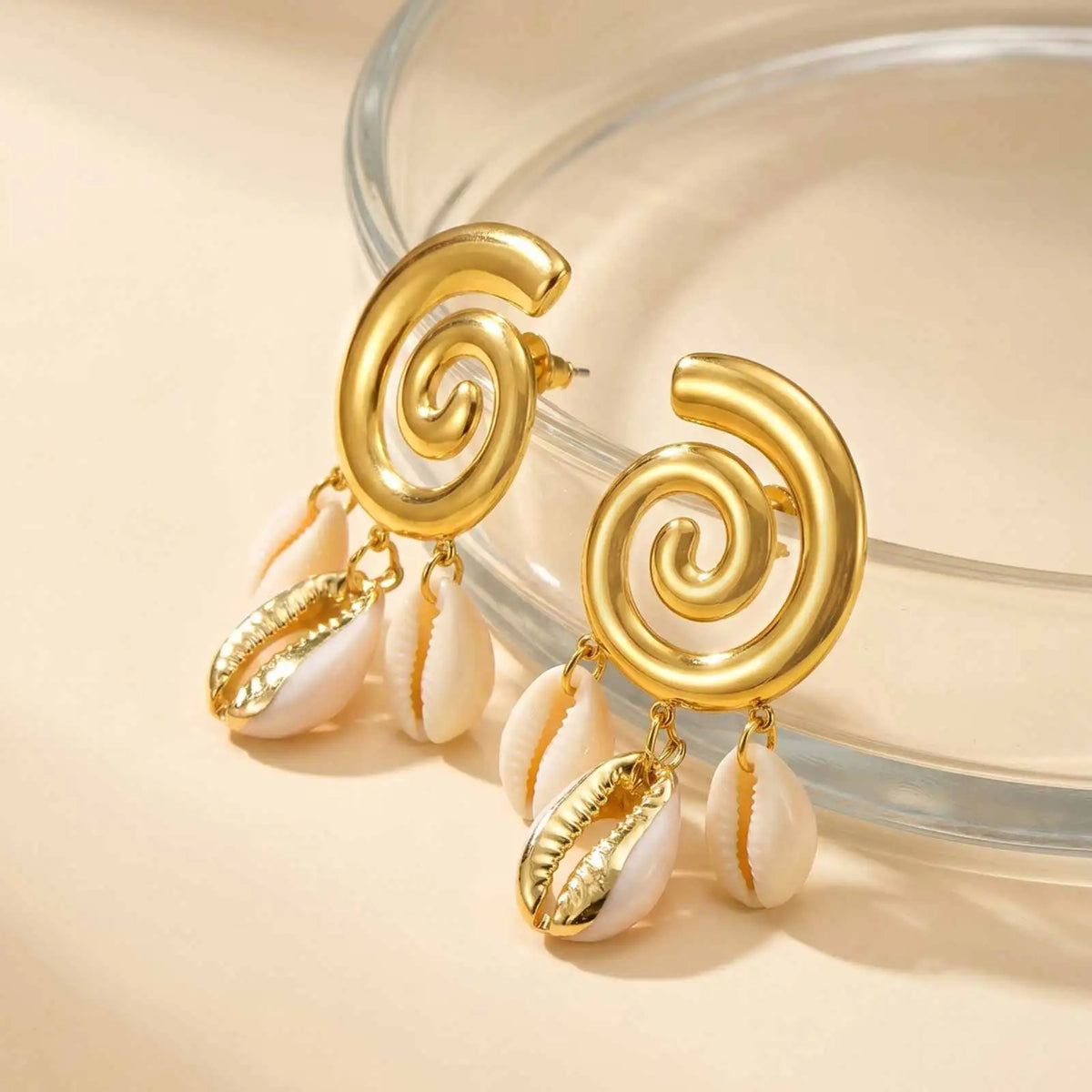 Gold Geometric Cowrie Shell Drop Earrings – Stainless Steel Shell Drop Earrings SPOT