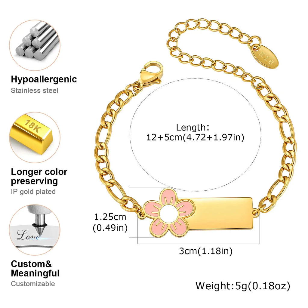 Engravable Gold Baby ID Bracelet – Pink Flower Figaro Chain Kids ID Bracelet SPOT