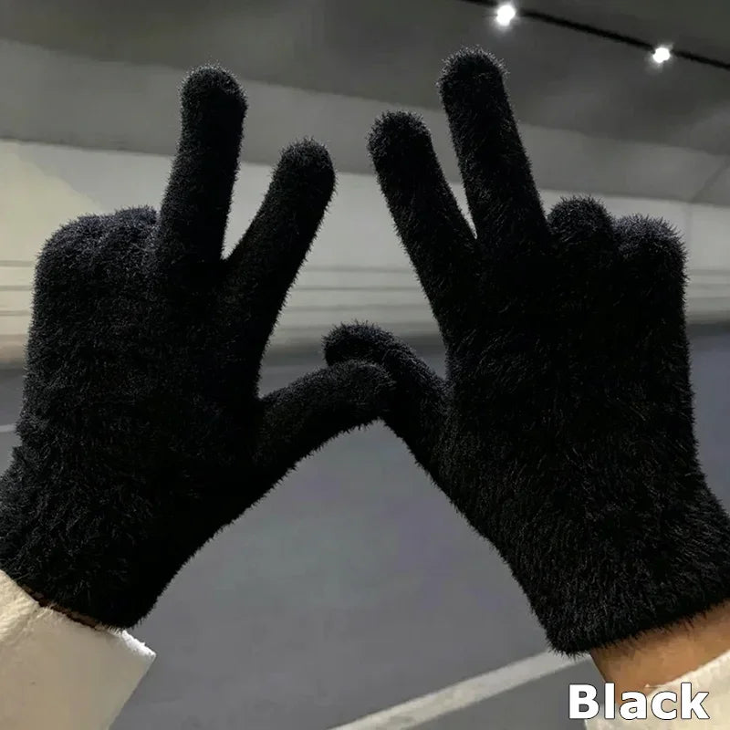 Faux Mink Fur Plush Winter Gloves – Unisex Warm Full Finger Winter Gloves SPOT Black