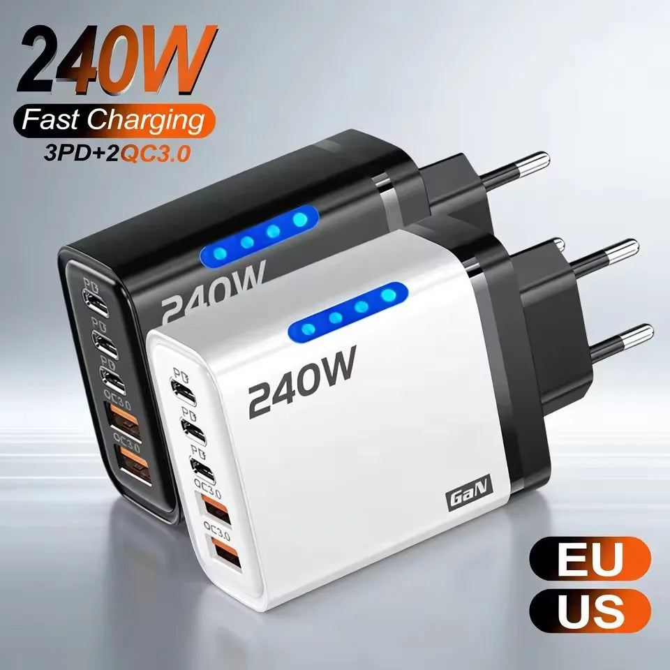 5-in-1 GaN Desktop Charger 240W – 3 USB-C & 2 USB-A Ports GaN Desktop Charger SPOT