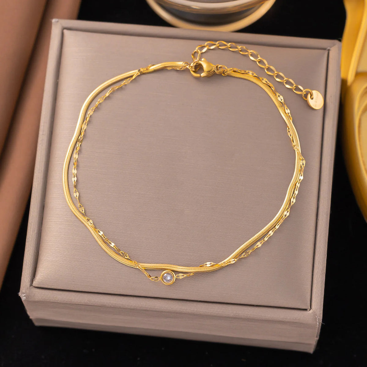 18K Gold CZ Snake Chain Anklet – Waterproof Double Layer Fashion Anklet SPOT