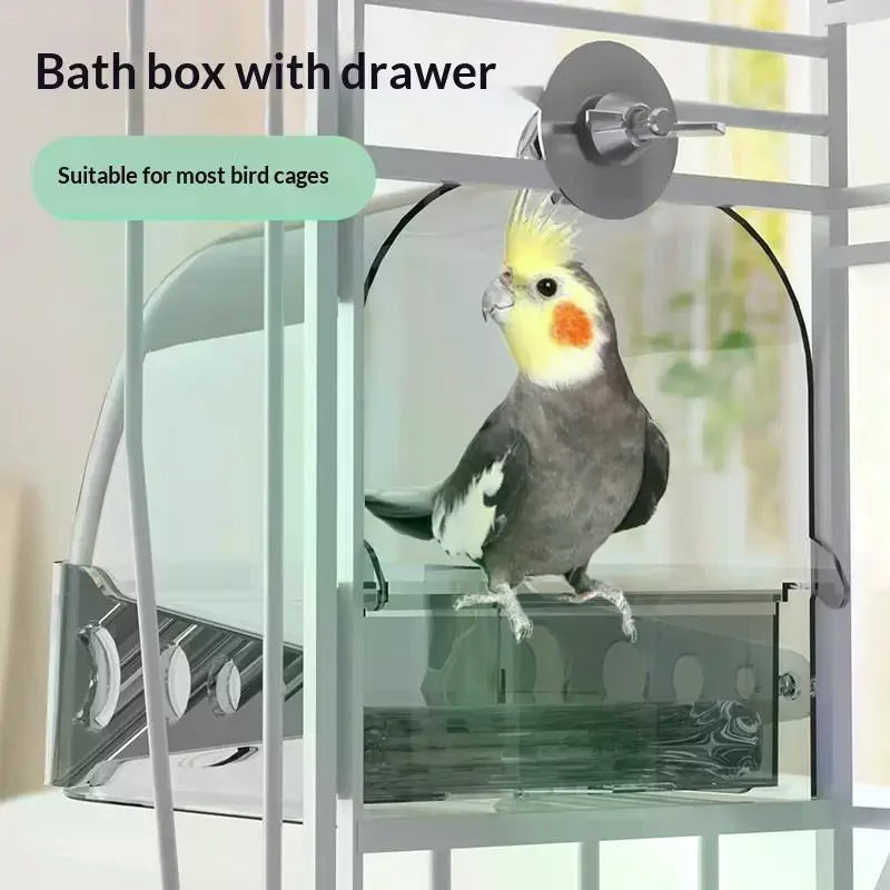 Large Transparent Bird Bath Box with Removable Drawer for Cages Bird Bath Box SPOT
