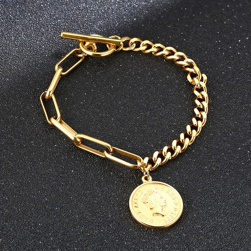 Queen Coin Medallion Chunky Chain Bracelet – Stainless Steel Chain Link Bracelet SPOT