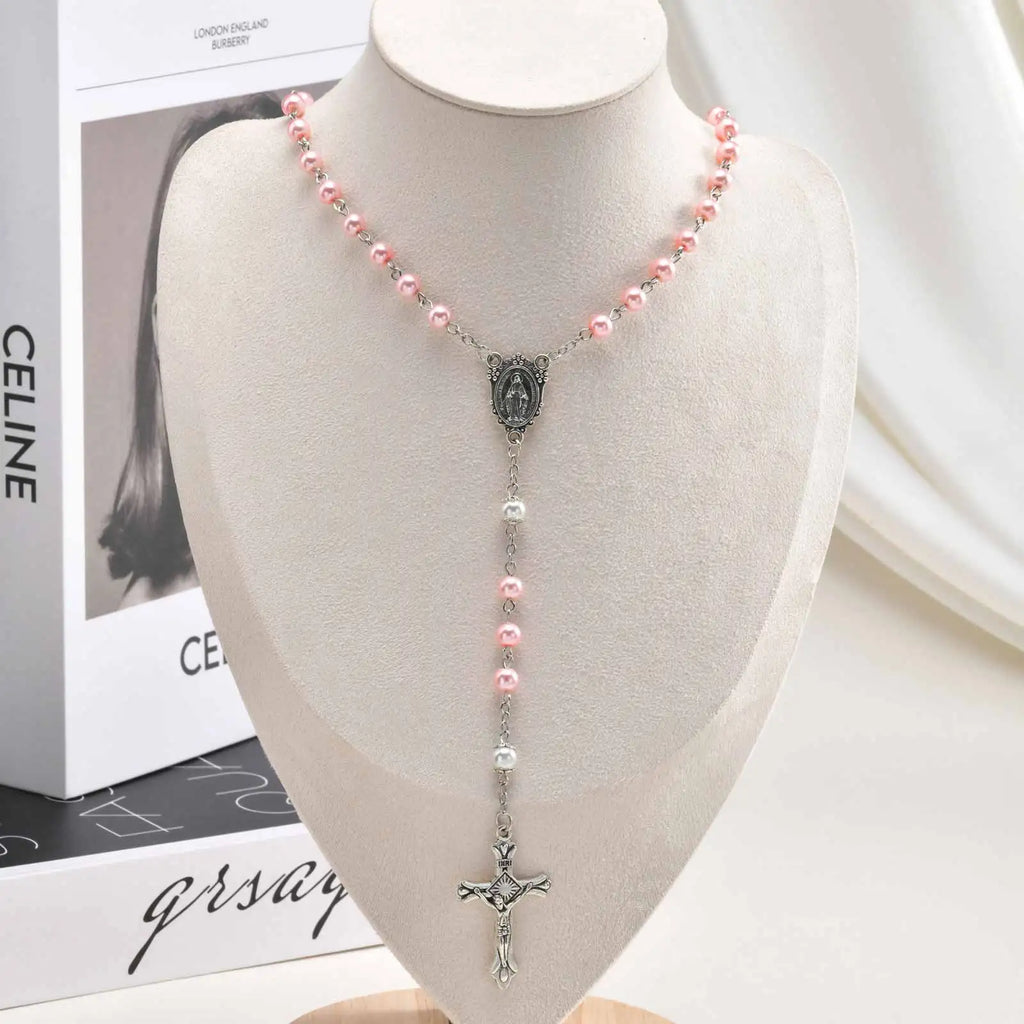 Pink Pearl Rosary Necklace – Virgin Mary Cross Catholic Gift Religious Pendant Necklace SPOT