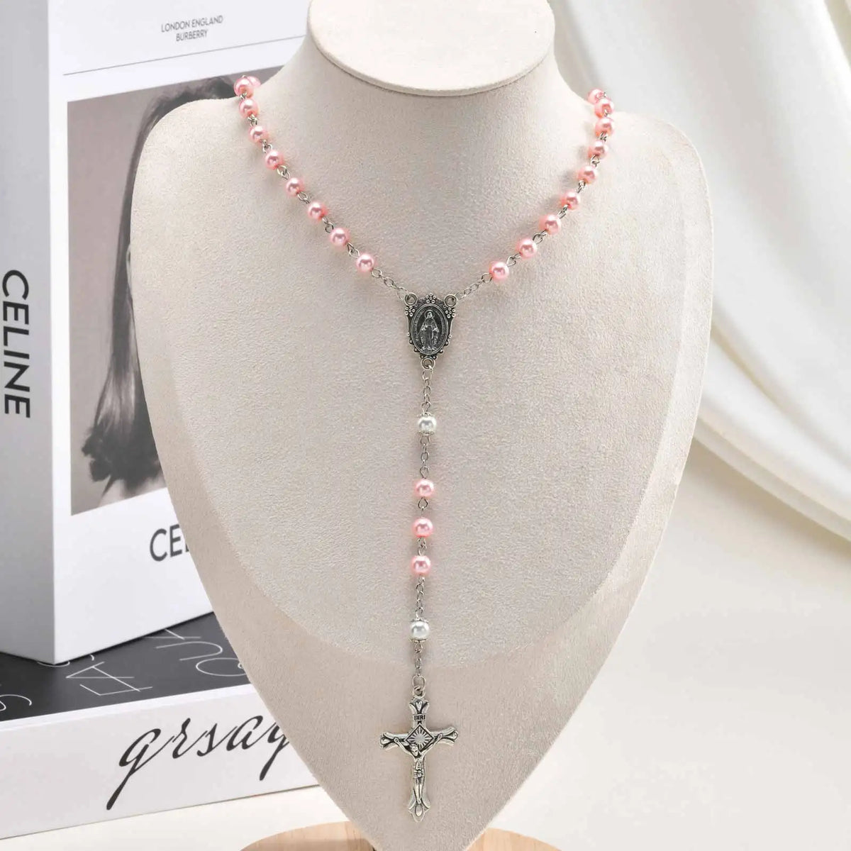 Pink Pearl Rosary Necklace – Virgin Mary Cross Catholic Gift Religious Pendant Necklace SPOT
