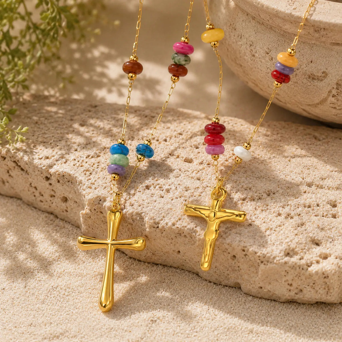 Natural Stone Beaded Cross Pendant Necklace – 18K Gold PVD Pendant Necklace SPOT