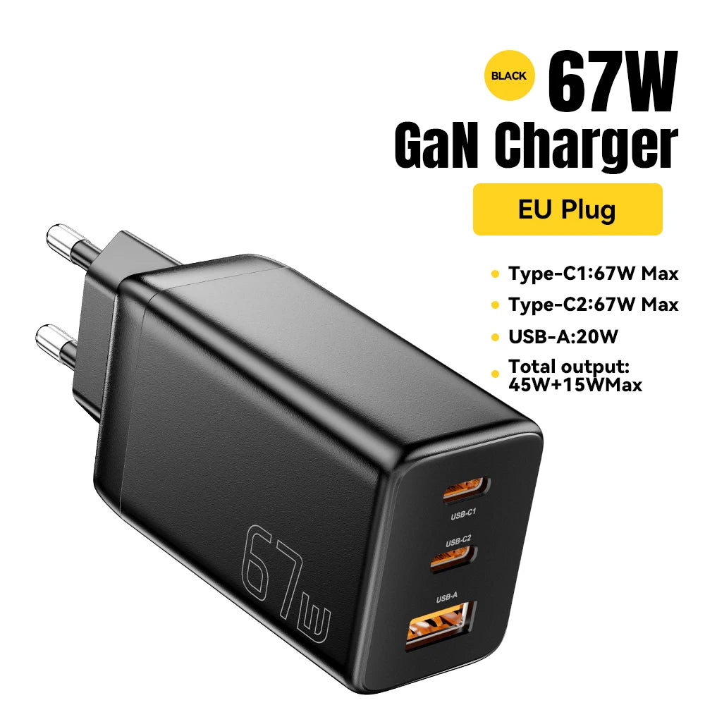 Essager 67W GaN USB-C Fast Charger 3-Port EU/KR Plug GaN USB-C Charger SPOT EU Black 67W