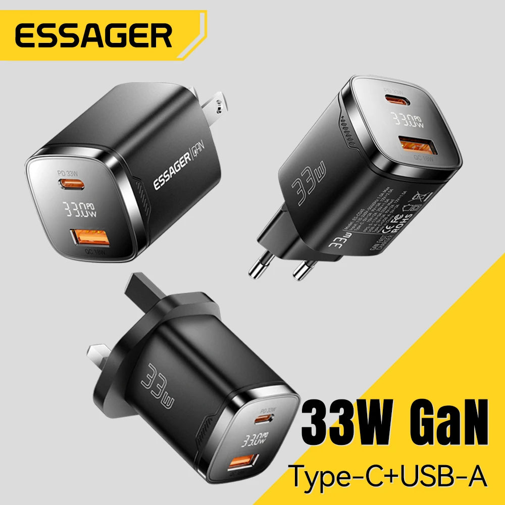 Essager 33W GaN USB-C Charger | Digital Display PD Fast Charging GaN Wall Charger SPOT