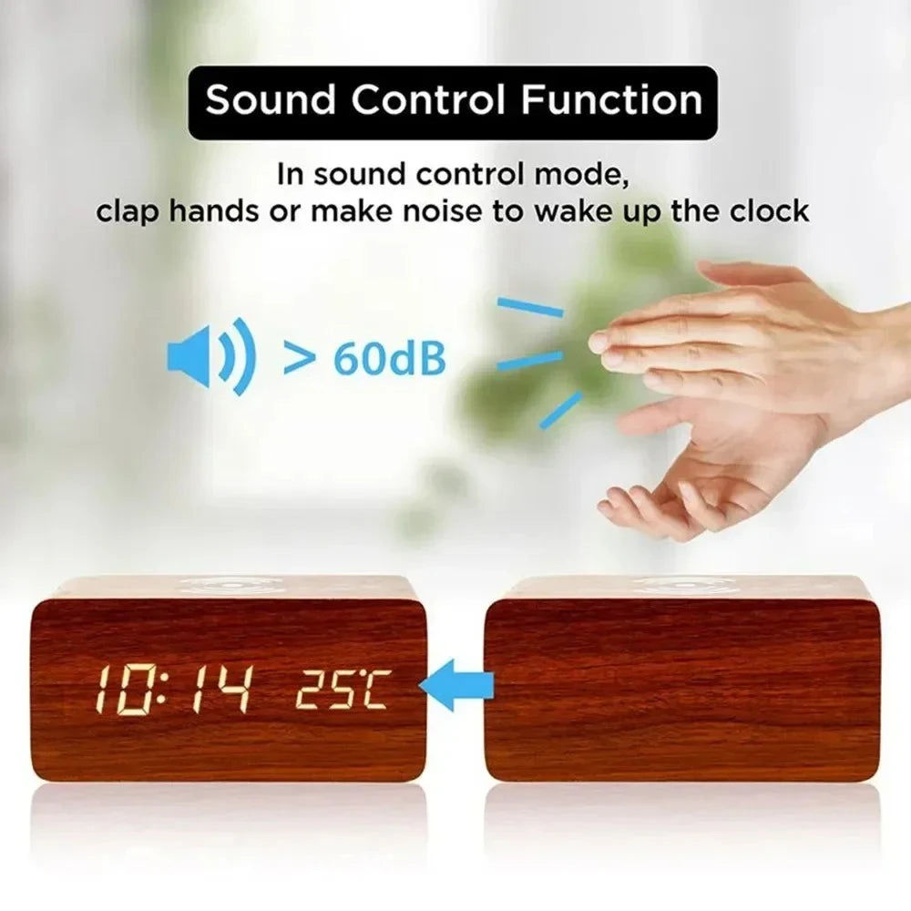 Wooden Digital Alarm Clock with Wireless Charging & LED Display Digital Alarm Clock SPOT